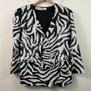 Vintage French Collizioni Zebra Silk  Sequin Double Breasted Blazer Womens Large